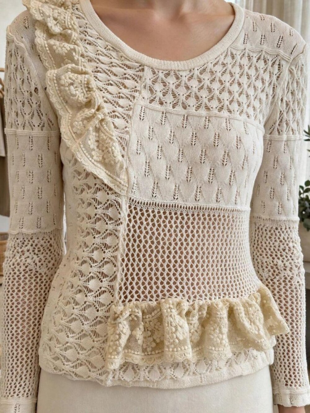 ZARA Cream Pointelle Knit Top Lace Ruffle Trim Long Sleeve Romantic Tag L